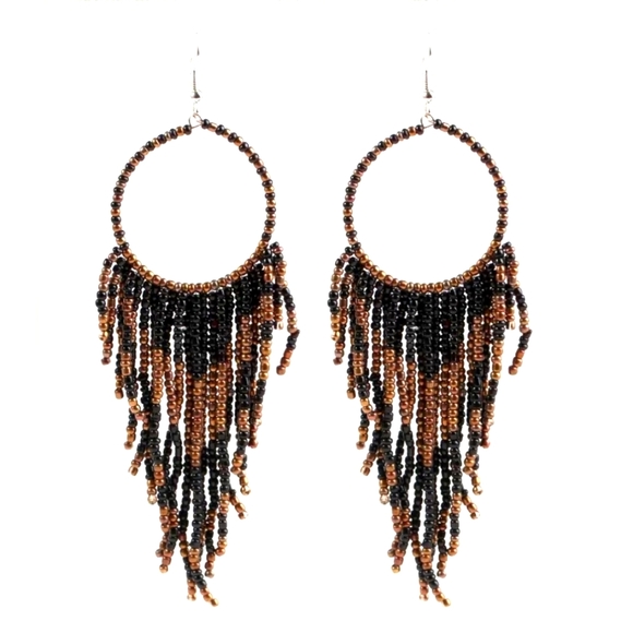 Jewelry - Boho Beaded Handmade Dangle Earrings Black Brown
